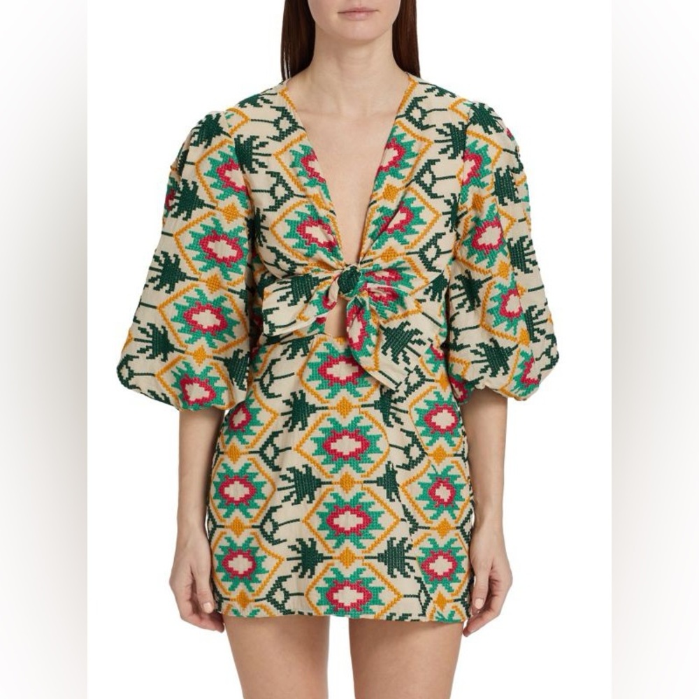 Johanna Ortiz Abstract Oasis Tie-Front Mini Dress in Ecru/Aqua